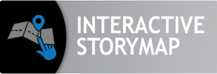A graphic with a artistic representation of a finger pointing to a map and the text "interactive storymap"
