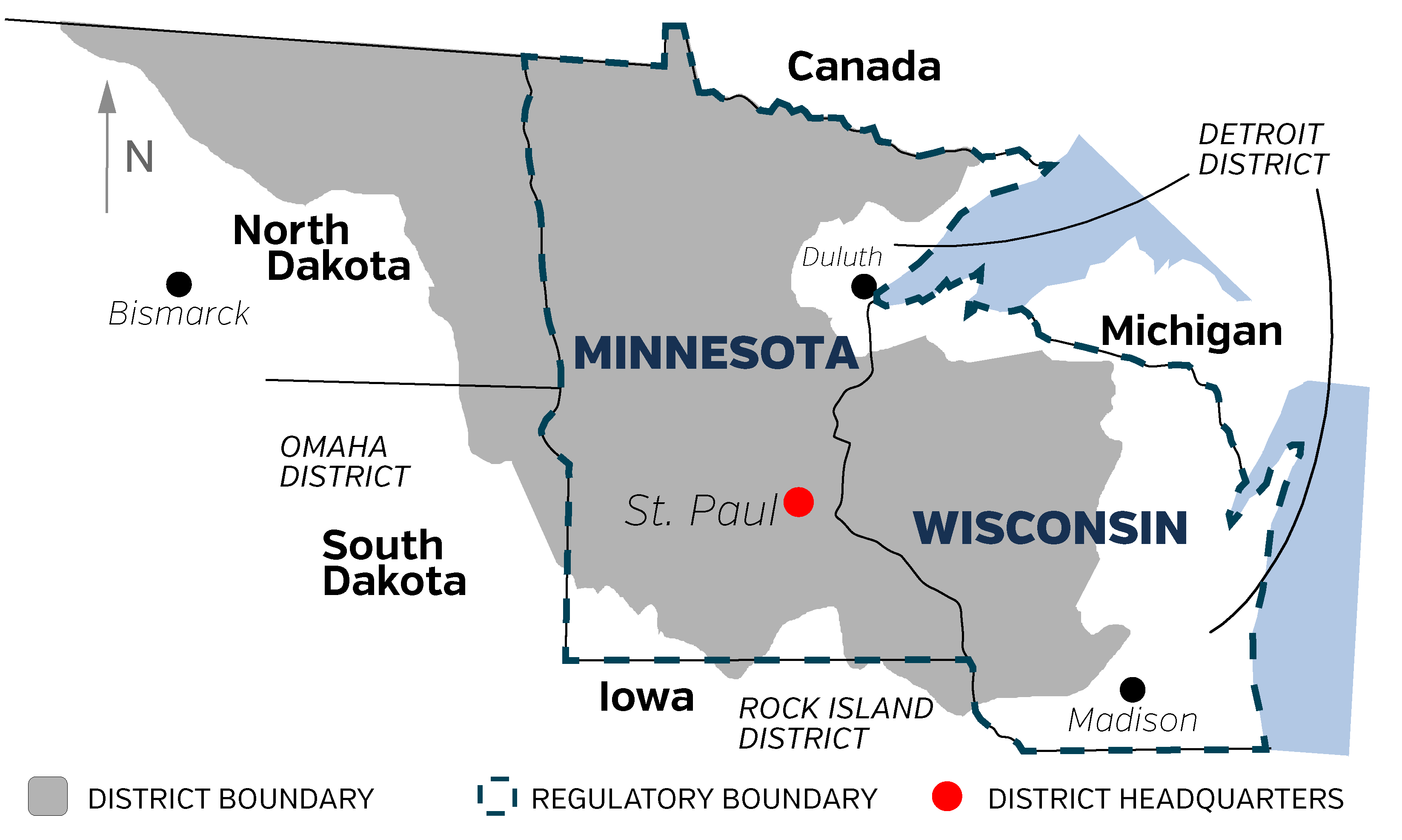 A colored map indicating the boundaries of the St. Paul District.